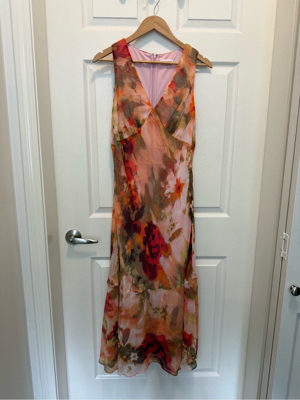 Calvin Klein Pink and Red Floral V-Neck Maxi Dress
